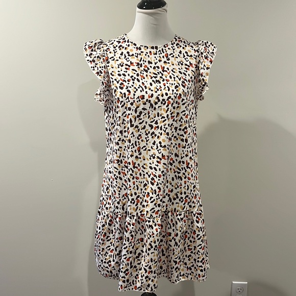 Shift dress with ruffle sleeves in multi color leopard print Size M - Picture 1 of 7